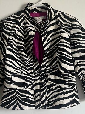 Kasper Black and White Zebra-Print Blazer with Magenta Lining